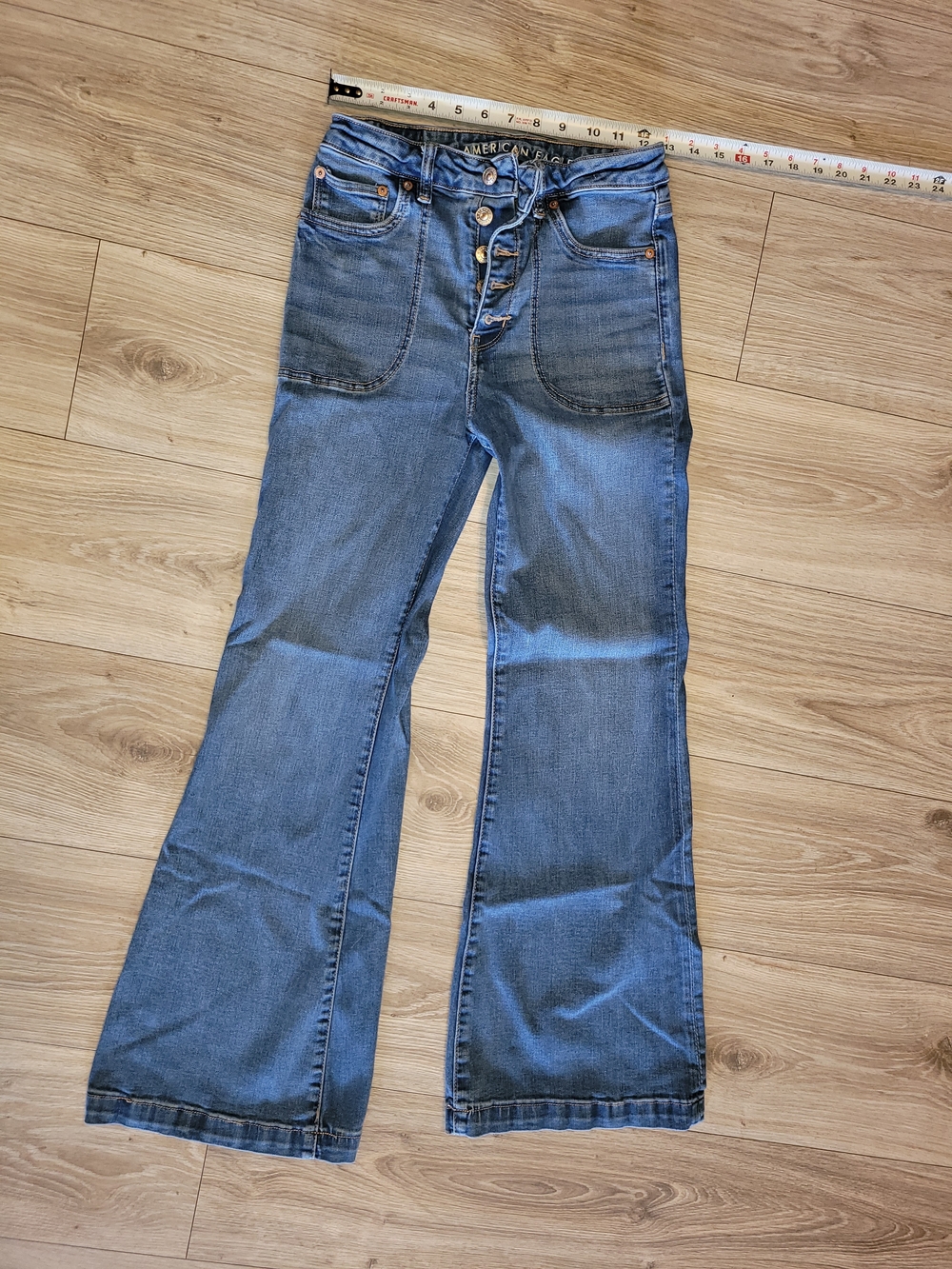 American Eagle Outfitters Mid-Blue Super High-Rise Button-Fly Flare Jeans